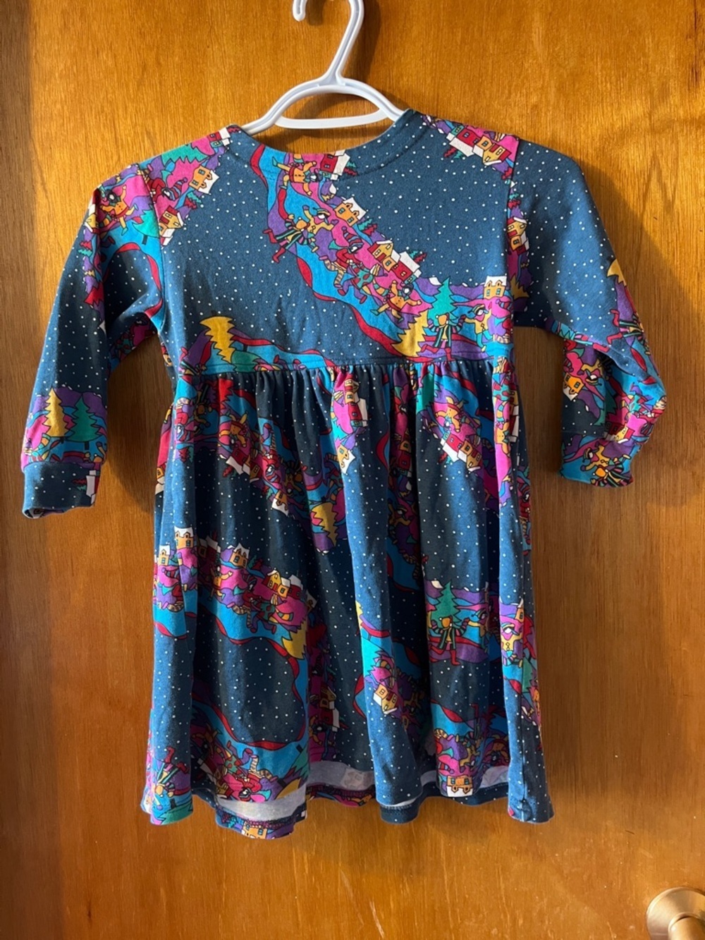 Girls' Long-Sleeve Navy Dress with Bright Village Print 10 - Picture 3 of 6